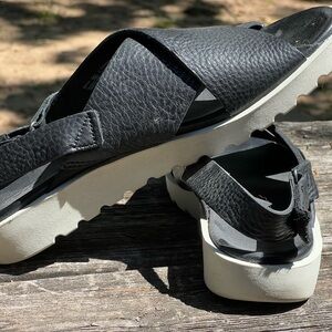 Black Leather Sandals with White Soles